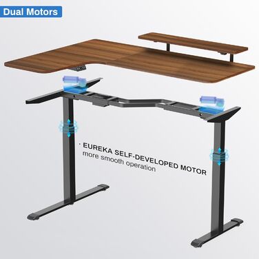 Електричний кутовий стіл для геймінгу EUREKA ERGONOMIC 155x110 см, з регулюванням висоти, клавіатурною полицею, LED-підставкою для монітора, лівий, колір горіх