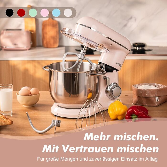 Кухонна машина Kitchen in the box Fab-Serie, потужний планетарний міксер 2000Вт, чаша 8л, 10 швидкостей, з вінчиком, гаком та міксером, Рожевий