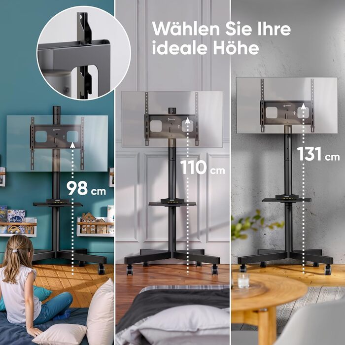 Мобільна стійка для телевізора ONKRON 23-60'' до 40 кг, з колесами, регульована висота, чорна, VESA 400x400, TS1137-B