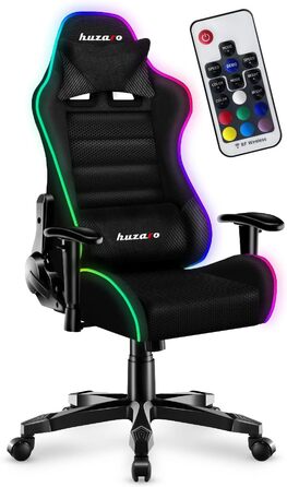 Ігрове крісло Huzaro Ranger 6.0 RGB Mesh з LED-підсвіткою для дітей, тканинне, до 130 кг, ергономічне, регульована висота, підголівник і поперекова підтримка, чорне