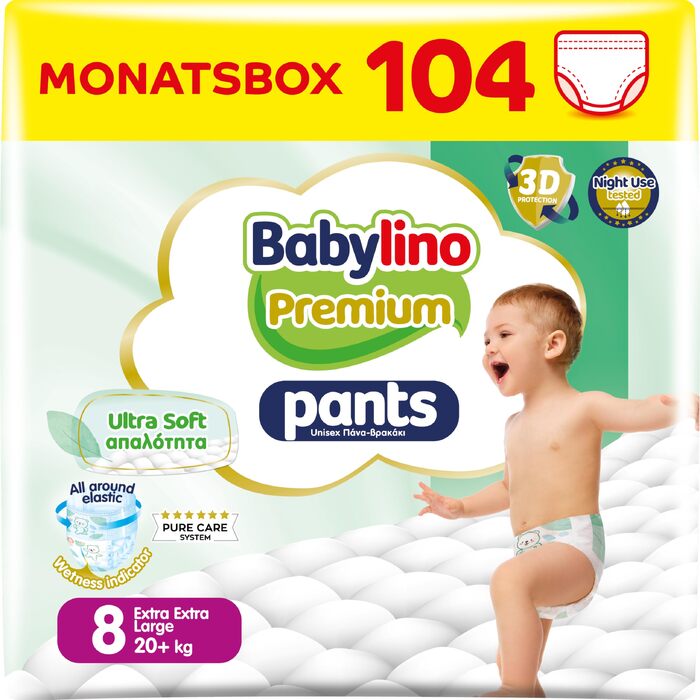 Підгузки-трусики Babylino Premium Pants розмір 8 XXL (20+ кг), з ультра-м'яким фільтром, 104 шт.