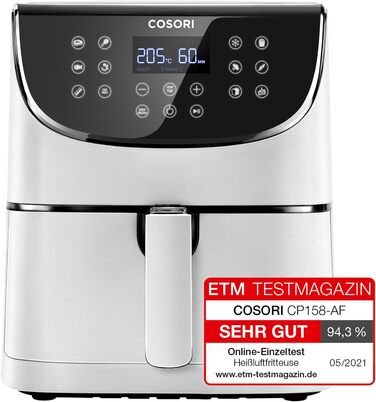 Аерофритюрниця COSORI 5,5 л XXL біла, LED-дисплей, 13 програм, 1700 Вт, без олії, книга рецептів, CP158-AF