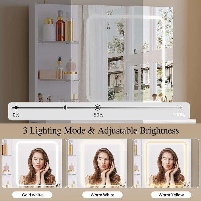 Косметичний стіл YITAHOME з LED підсвіткою, дзеркалом, 3 шухлядами, 2 полицями, регулюванням яскравості, білий