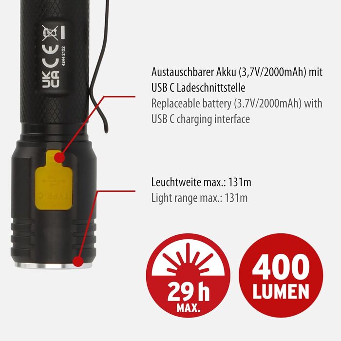Акумуляторний ліхтар Brennenstuhl LuxPremium TL 410 A з LED Osram, 400 лм, до 29 годин роботи, 131 м дальність, захист IP44