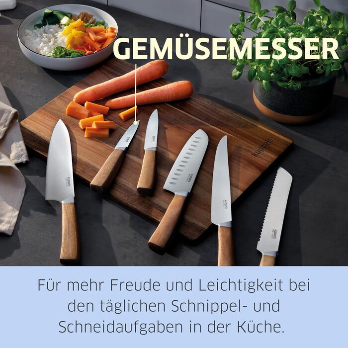 Набір кухонних ножів з підставкою з акацієвого дерева Kuppels WOOD, загартована сталь, професійний набір для овочів та м'яса