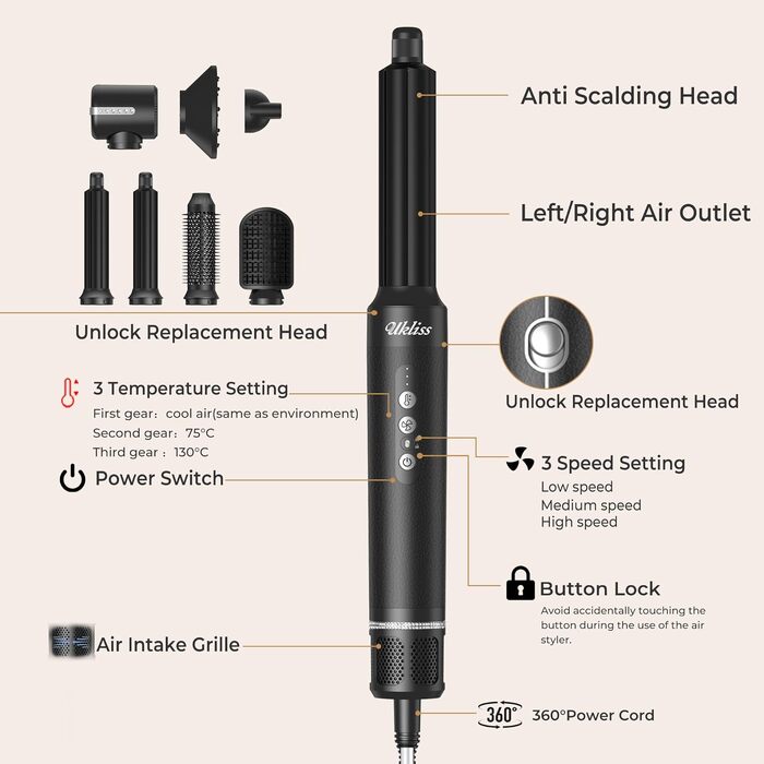 Hairstyler UKLISS Pro 7-в-1 з іонізацією: фен-щітка, кругла щітка, аеробраш для створення локонів (Чорний)