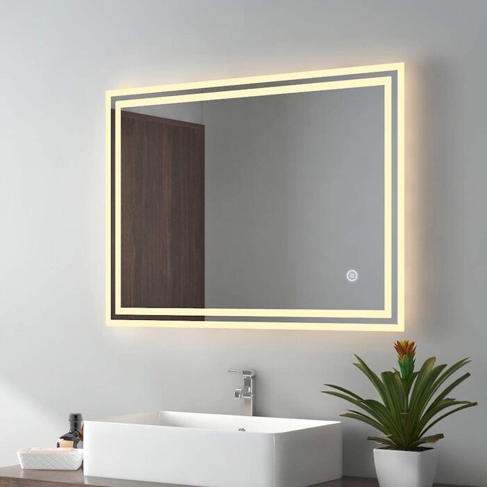 LED дзеркало для ванної кімнати EMKE 80x60 см з підсвіткою, сенсорне управління, протитуманне покриття, 3 кольори світла, IP44, енергозберігаюче