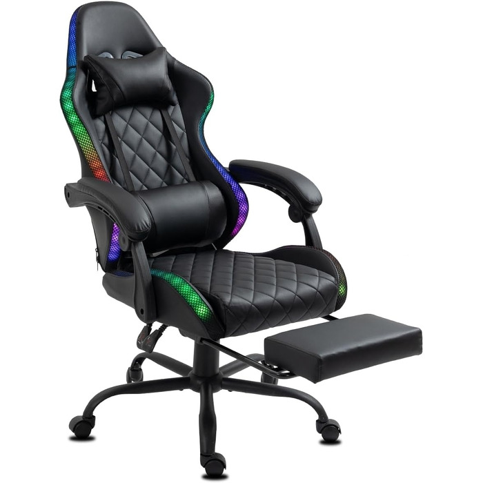 Ігрове крісло Delman Gaming з RGB LED підсвіткою, підставкою для ніг та металевою основою, чорне (02-0055)