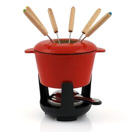 Набір для фондю BBQ-Toro з чавунного казана на 6 осіб, 1 л, 13 предметів: з пальником та вилками, емальований (Червоний/Кремовий) — для сиру, м'яса та шоколаду