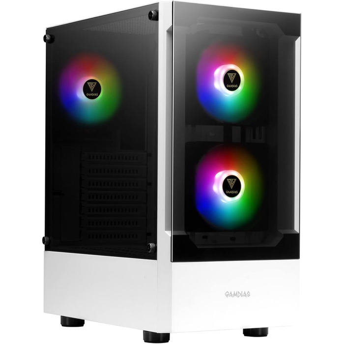 Ігровий корпус GAMDIAS ATX Mid-Tower, 3x120мм ARGB вентилятори, білий, скляна бокова панель, сітчаста передня панель, PSU-кожух