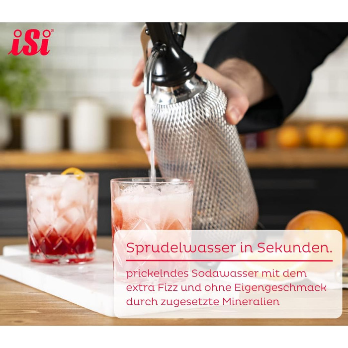 Сифон для газування води iSi Soda Maker Classic Geschenkset, 1 л, нержавіюча сталь, набір із 2 склянок і 10 капсул, барне приладдя для приготування содової води
