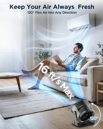 EasyAcc Портативний вентилятор 6000mAh з акумулятором, турбовентилятор, циркулятор повітря 100 швидкостей, до 21 години роботи, LED-дисплей, для кемпінгу, подорожей, офісу - Чорний