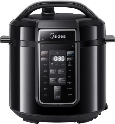 Мультиварка Midea 9-в-1, електрична, 6 л, 12 програм, антипригарний йогуртниця, рисоварка, повільноварка, пароварка, сталевий внутрішній контейнер, чорна