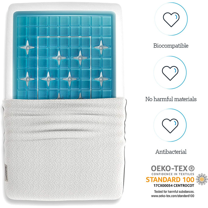Ортопедична подушка для шиї Technogel Deluxe, гелеве наповнення, сертифікована, без шкідливих речовин, для спини та бокового сну, з наволочкою, 66x40x9 см