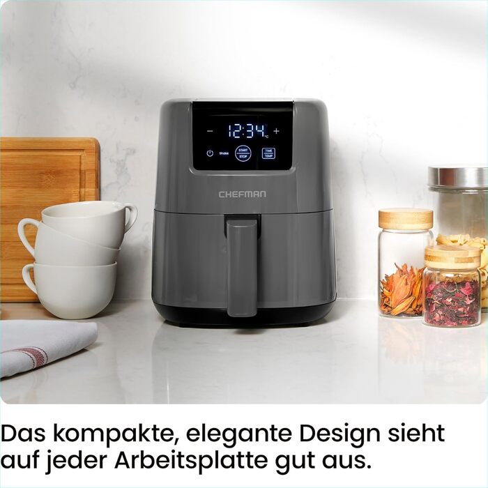 Фритюрниця Chefman 2L з гарячим повітрям - компактна, з антипригарним покриттям, для швидких та простих страв, з цифровим таймером та нагадуванням про струшування - сіра
