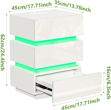 Нічний столик з розеткою та LED, нічний комод з функцією зарядки та USB, 2 висувні ящики (45x35x46/62 см, білий, набір 2 шт.)