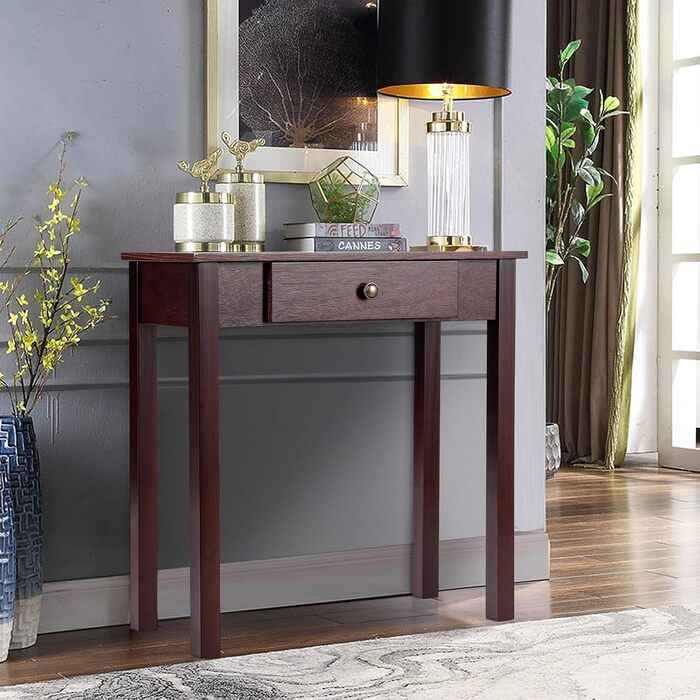 Консольний стіл COSTWAY з шухлядою, дерев'яний вузький столик у передпокій, індустріальний дизайн, для коридору, вітальні чи спальні, 71x30x71 см, коричневий