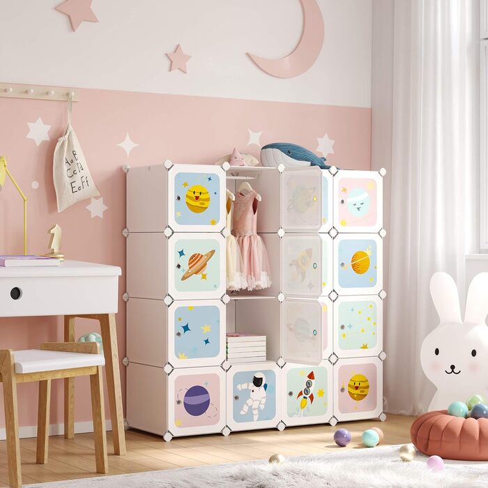 Модульна шафа для одягу SONGMICS, 16 кубів, 4 штанги, біла, 123x41x123 см, для дитячої кімнати, органайзер для зберігання