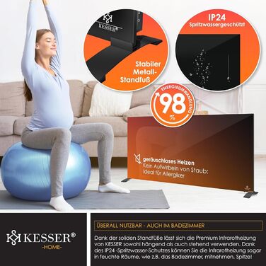 Інфрачервоний обігрівач KESSER 600 Вт, скляний конвектор, енергоощадний, 2-в-1: підлоговий і настінний, електрообігрівач з датчиком відкритого вікна, термостатом, дистанційним керуванням і керуванням через додаток, чорний
