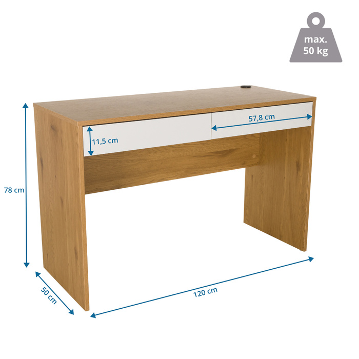 Письмовий стіл BERGA 120x50x78 см, 2 висувні ящики, білий/дуб, hjh LIVING