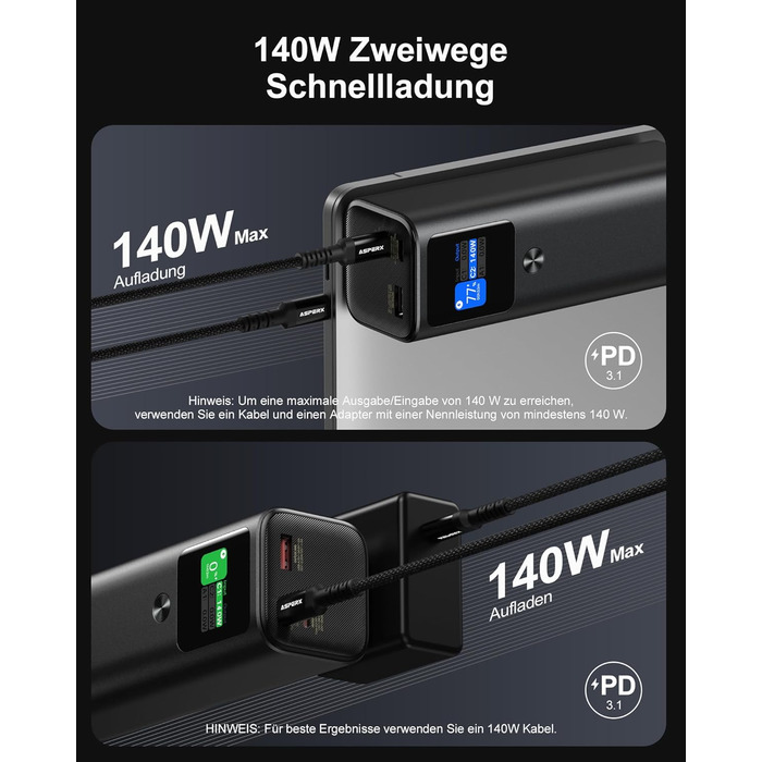Power Bank AsperX 20000mAh, 165W, 2x USB-C 100W, Алюмінієвий Корпус, Вбудований Кабель 60см, TFT-Дисплей, для iPhone, MacBook, Samsung