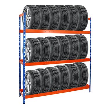 Стелаж для шин PROREGAL Tiger XL: 200x180x45 см, 300 кг навантаження, до 21 шини (205/55 R16), блакитно-помаранчевий, для майстерні, складу, підвалу