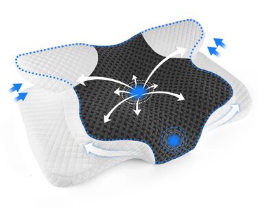 Ергономічна ортопедична подушка для шиї з ефектом пам'яті (Memory Foam), регульована висота, для сну на боці, спині та животі, 63x42 см (Білий + Чорний)