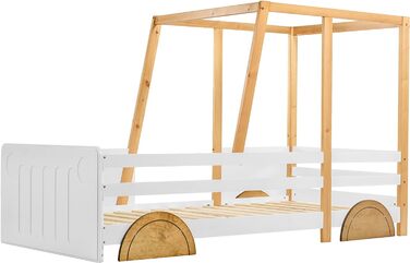 Дитяче ліжко-машинка Merax 90x200 см, з бортиками, ламелі, МДФ-колеса, каркас з сосни, біле + натуральне дерево, для хлопчиків і дівчаток