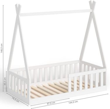 Дитяче підлогове ліжко Tajo Tipi 70x140 см, будиночок-вігвам з масиву сосни з бортиком і рейковим основою, натуральне, для дітей від 3 років