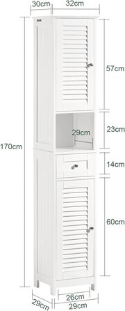 SoBuy FRG236-W Високий шафа для ванної кімнати, білий, 32x170x30 см, з відкритою полицею, шухлядою та дверцятами