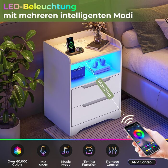 Тумба приліжкова Brinlawb з LED-підсвіткою та зарядкою, 2 шт, 2 шухляди, 1 відкрита полиця, білий колір, для спальні та вітальні, 35x40x58 см