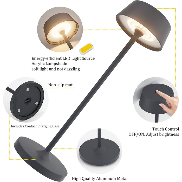 Klighten Диммовані LED акумуляторні настільні лампи, 2 шт, алюмінієві, сенсорне керування, IP54, для спальні та ресторану, тепле світло 3000K, антрацит, USB зарядка