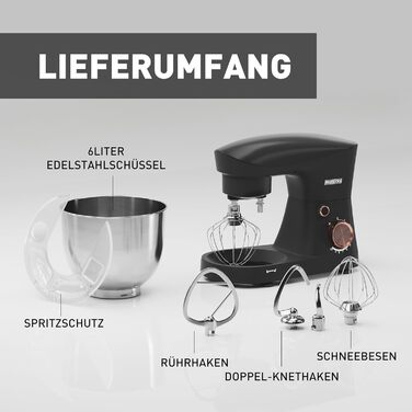 Кухонна машина Heinrichs 1500W з місткою чашею 6L з нержавіючої сталі, 10 швидкостей, титан, міксер, тістоміс, планетарний міксер