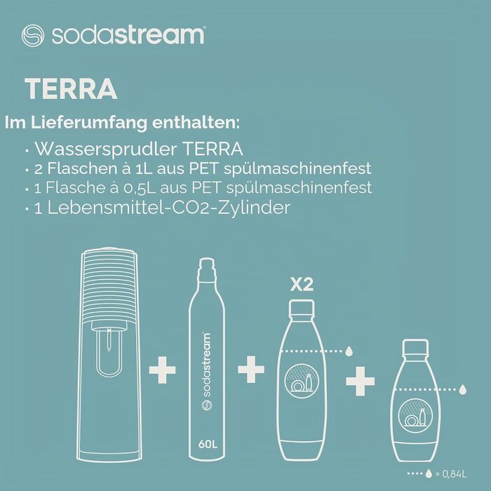 Сифон для газування води SodaStream Terra Black Value Pack: 3 пляшки (2x2.1л, 1x0.5л) зі склокераміки, циліндр Quick Connect, чорний