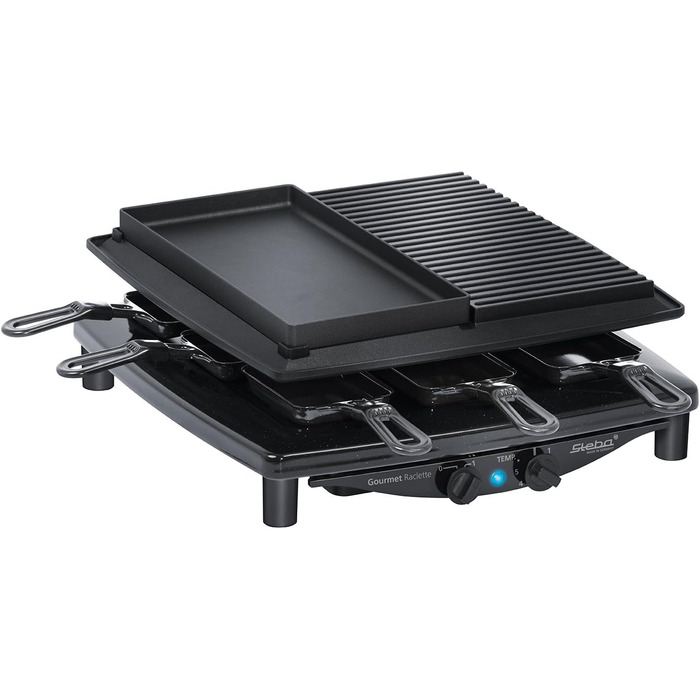 Раклетниця Steba RC 4 Plus Deluxe з антипригарною литою та натуральною кам'яною плитою, 8 емальованих лотків, 29x29 см, виробництво Німеччина