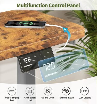Регульований по висоті електричний стіл MAIDeSITe S1 Pro з LED-панеллю керування (140x70 см, сірий каркас, вінтажний коричневий стіл)