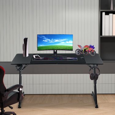 Ігровий стіл XMTECH 140x60 см з RGB LED, стіл для комп'ютера з карбоновою поверхнею, чорний, з тримачем для навушників та підставкою для напоїв