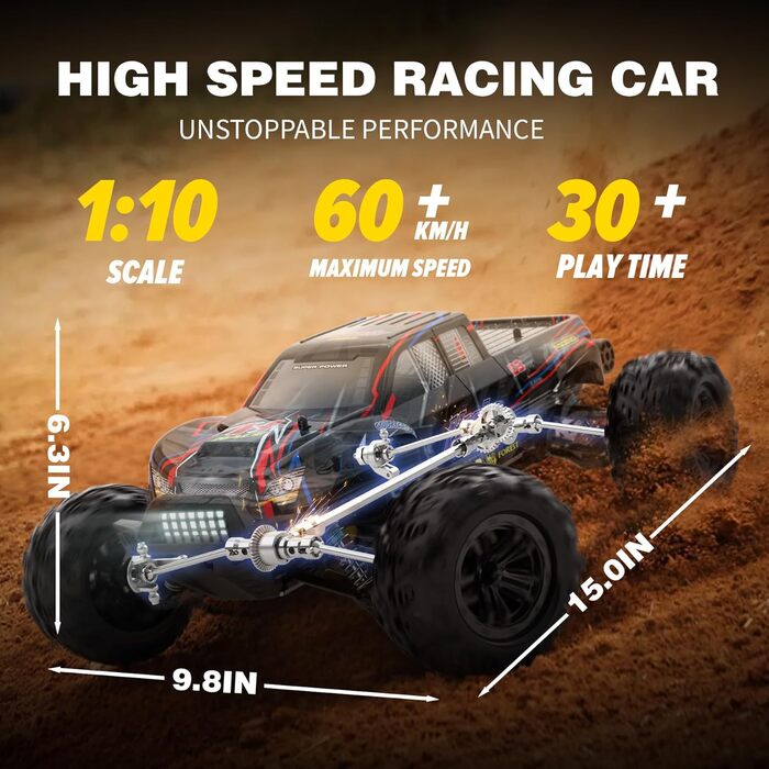 Радіокерований автомобіль Hosim 1:10, 60 км/год, 4WD позашляховик Monstertruck, 2 акумулятори, водонепроникний, для дорослих та дітей від 8 років, чорний