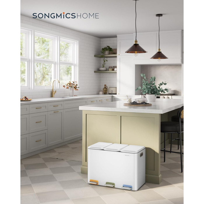 Сортувальний смітник для кухні SONGMICS HOME, 3×15 л, сталевий, з кришками, внутрішніми відрами та педалями, для роздільного збору сміття, білий