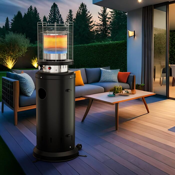 Газовий обігрівач для тераси TLSUNNY з захисною кришкою, на колесах, з піроелектричним запалом, чорний (Газовий балон не входить у комплект)