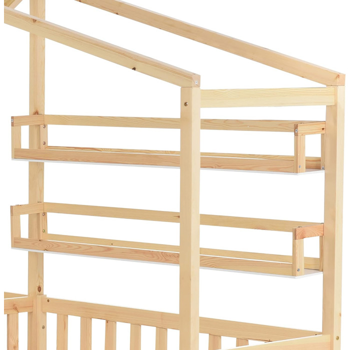 Дитяче ліжко-домік Merax з шухлядами та полицями, 90x200 см і 140x70 см, масив дерева, ігрове ліжко з парканчиком, подвійне ліжко для двох дітей, натуральне