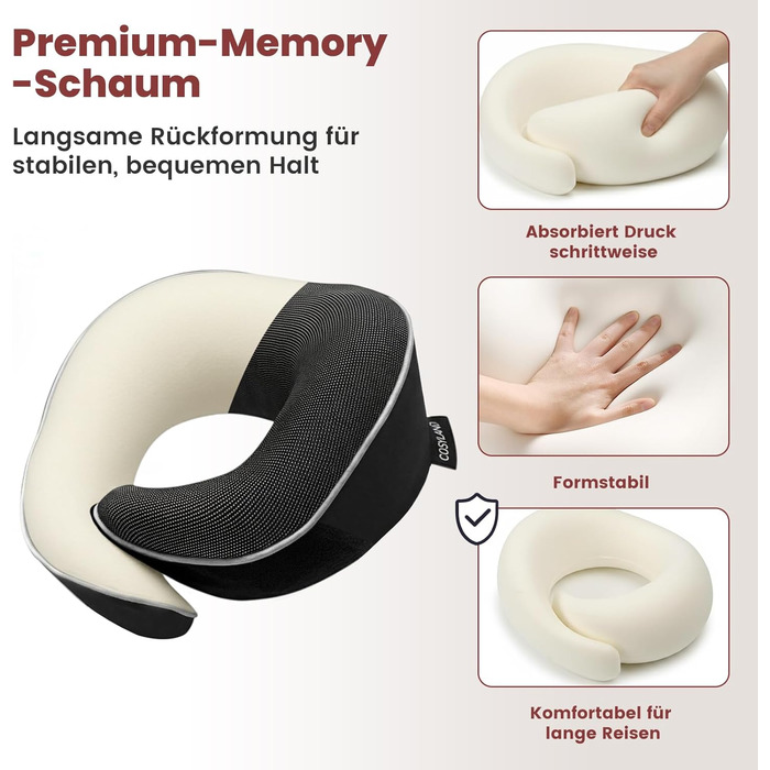 Подорожня подушка для шиї COSYLAND з ефектом пам'яті (Memory Foam) для літака та авто, ергономічна підставка 360°, чорна (набір: маска для сну, беруші, чохол)