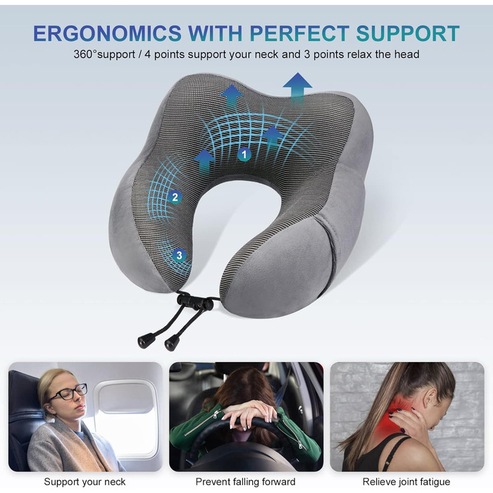 Ергономічна дорожня подушка для шиї Eono з ефектом пам'яті (Memory Foam) у комплекті з маскою для сну, берушами та сумкою, темно-сіра