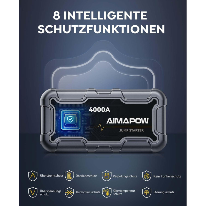 Powerbank Starthilfe AIMAPOW для автомобіля з компресором 160PSI, 27000mAh, 4000A, для бензинових та дизельних двигунів (до 12.0L), LED-ліхтар 600 LUM