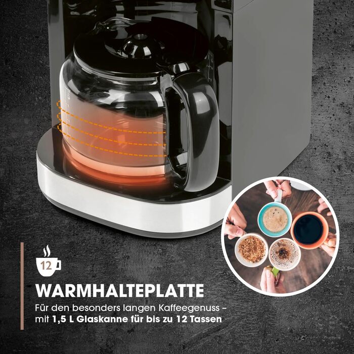 Кавомашина Barista Filterkaffeemaschine з регульованим млинком та скляною колбою | Функція підігріву, таймер 24 год та постійний фільтр | Для 10 чашок кави | Кавомашина для зерен та меленої кави [Нержавіюча сталь] 6) Нержавіюча сталь - скляна колба - з мл