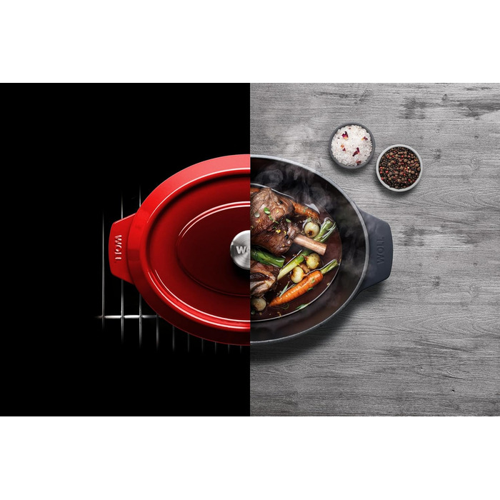 Чавунна жаровня Woll з кришкою та силіконовими ручками, 34x26 см, 7,5 л, для всіх типів плит, індукційна, духовка до 250°C, червона
