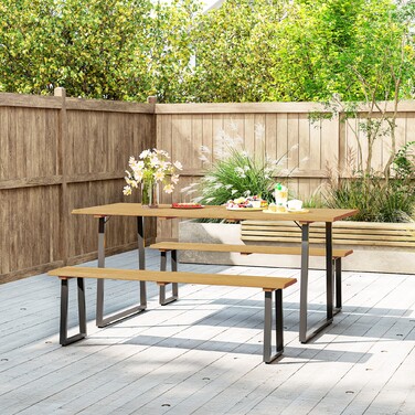 Outsunny Seating Group Дерев'яний обідній набір з 3 предметів на 6 персон Обідній стіл з 2 лавками Парасолька Отвір Обідній набір з дерев'яним столом Набір кухонних столів Балконні меблі Садові меблі для тераси, балкон Натуральне дерево