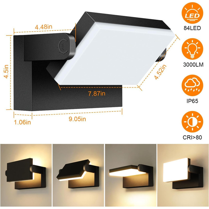 Стіна LED-ліхтар Kingwen 40W, сучасний настінний світильник з поворотним корпусом 360°, водонепроникний IP65, тепле біле світло 3000K, чорний, для тераси та гаража