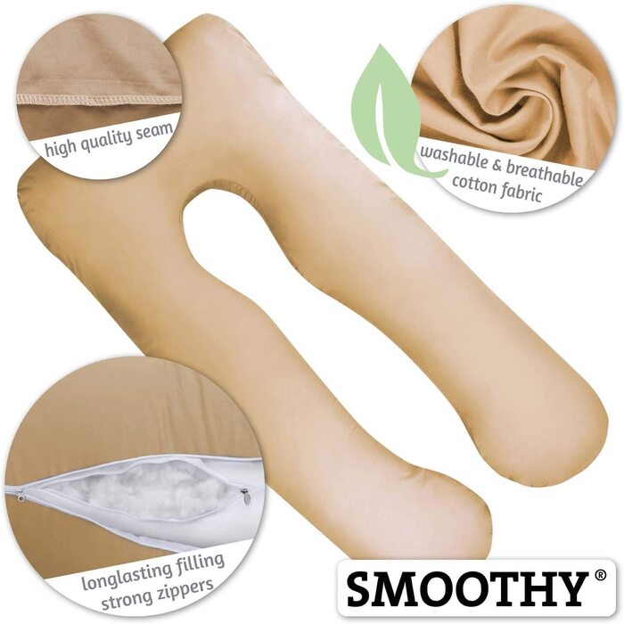 SMOOTHY XXL подушка для вагітних U-подібна, бавовна, 150x80 см, знімний чохол, бежевий – подушка для сну, годування та підтримки тіла