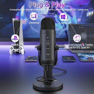Zealsound USB конденсаторний мікрофон для ПК, смартфонів, PS4/PS5, подкастів, стрімінгу, запису, ASMR, з функціями Mute, Gain, Echo, адаптером для телефону, сумісний з Mac і Windows